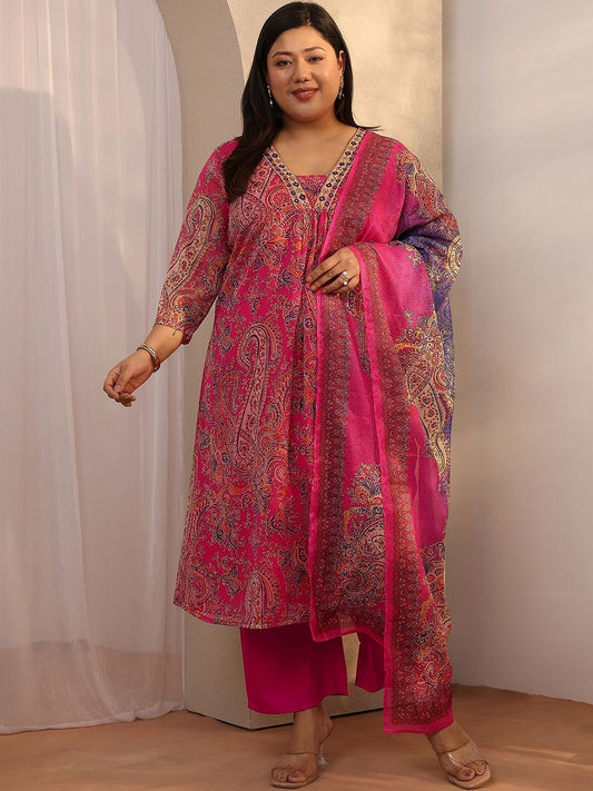Dhiyona Women's Plus Size Paisley Printed Kurta with Trousers & Dupatta