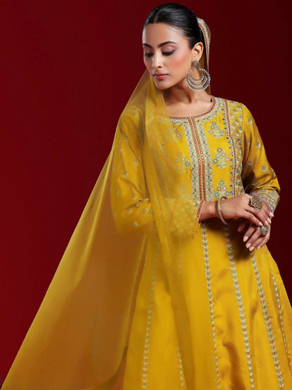 Women's LB Art Mustard Embroidered Silk Blend A-Line Kurta With Sharara & Dupatta