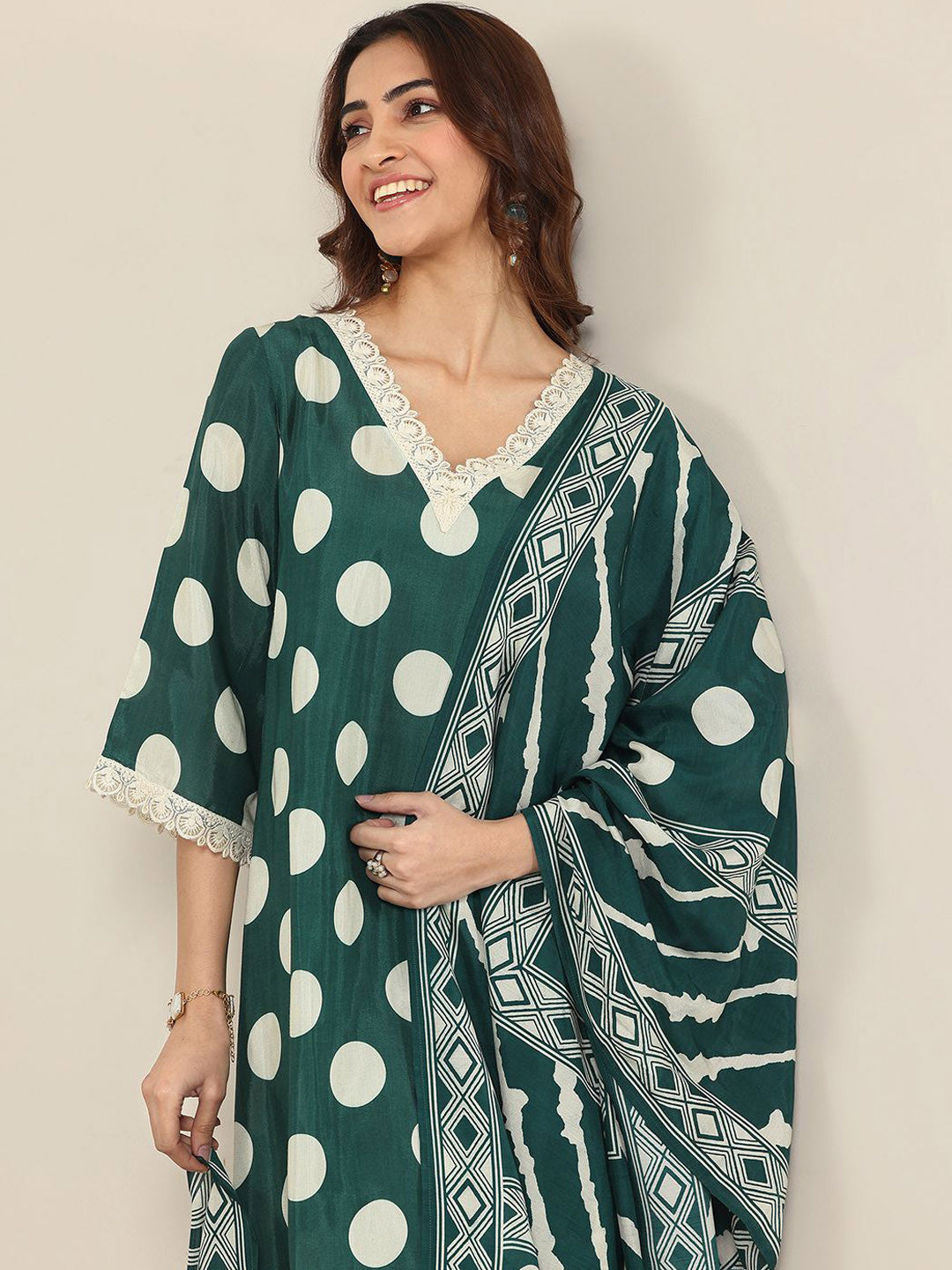 Polka Dot Printed V Neck A-Line Kurta With Trousers & Dupatta