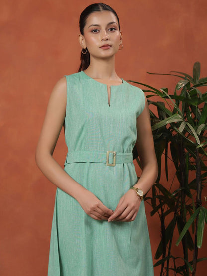 Dhiyona AY Women's Self Design Cotton Sleeveless Cotton Fit & Flare Midi Dress With Belt