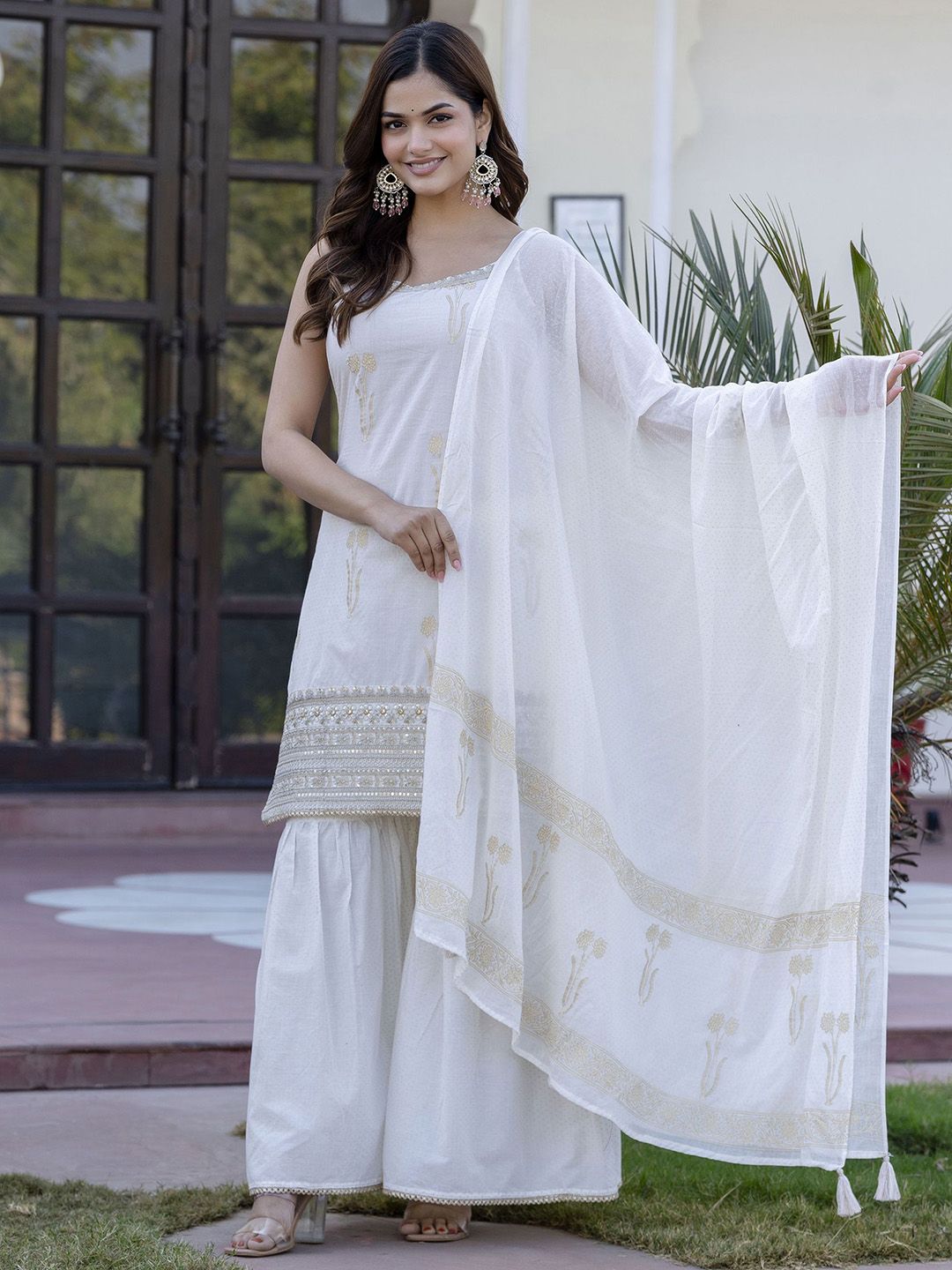 Dhiyona AN White Floral Printed Gotta Patti Pure Cotton Kurta With Sharara And Dupatta
