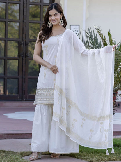 Dhiyona AN White Floral Printed Gotta Patti Pure Cotton Kurta With Sharara And Dupatta