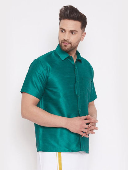 Men's Green Silk Blend Straight Ethnic Shirt