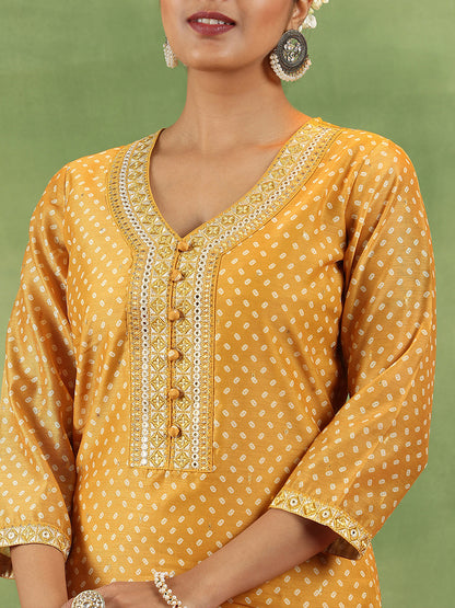 Bandhani Printed V-Neck Mirror Work Straight Kurta With Trousers & Dupatta