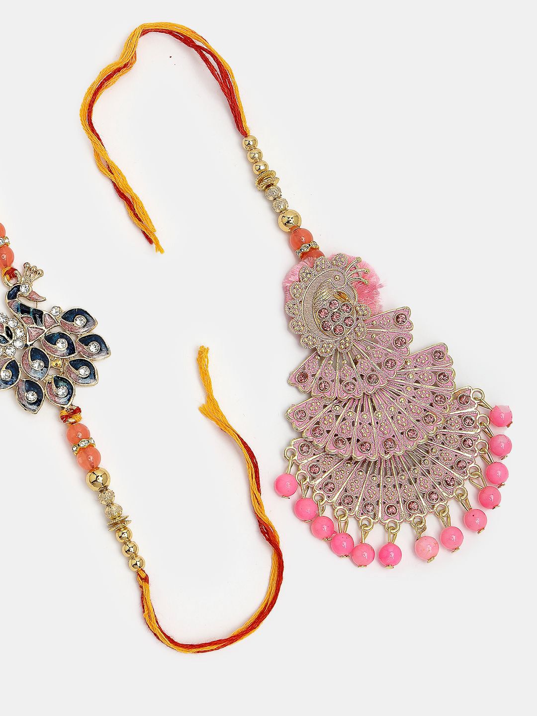 Dhiyona Unisex Set Of 2 Multicolor Peacock Design Stone & Beaded Bhaiya Bhabhi Rakhi