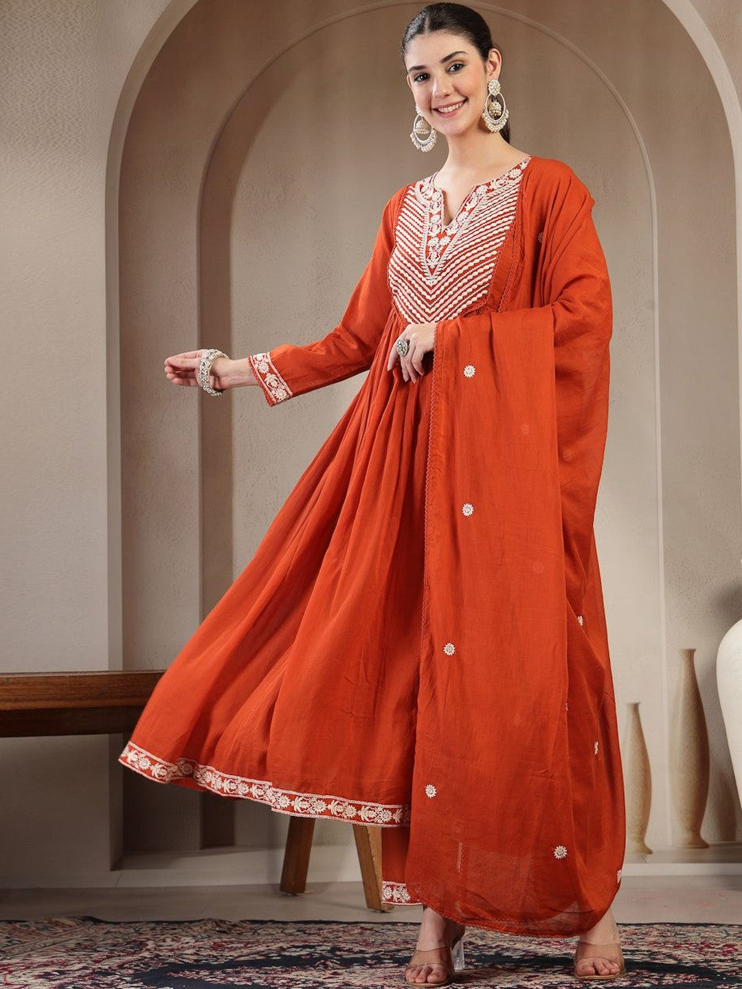 Pure Cotton Round Neck Kurta & Trousers With Dupatta