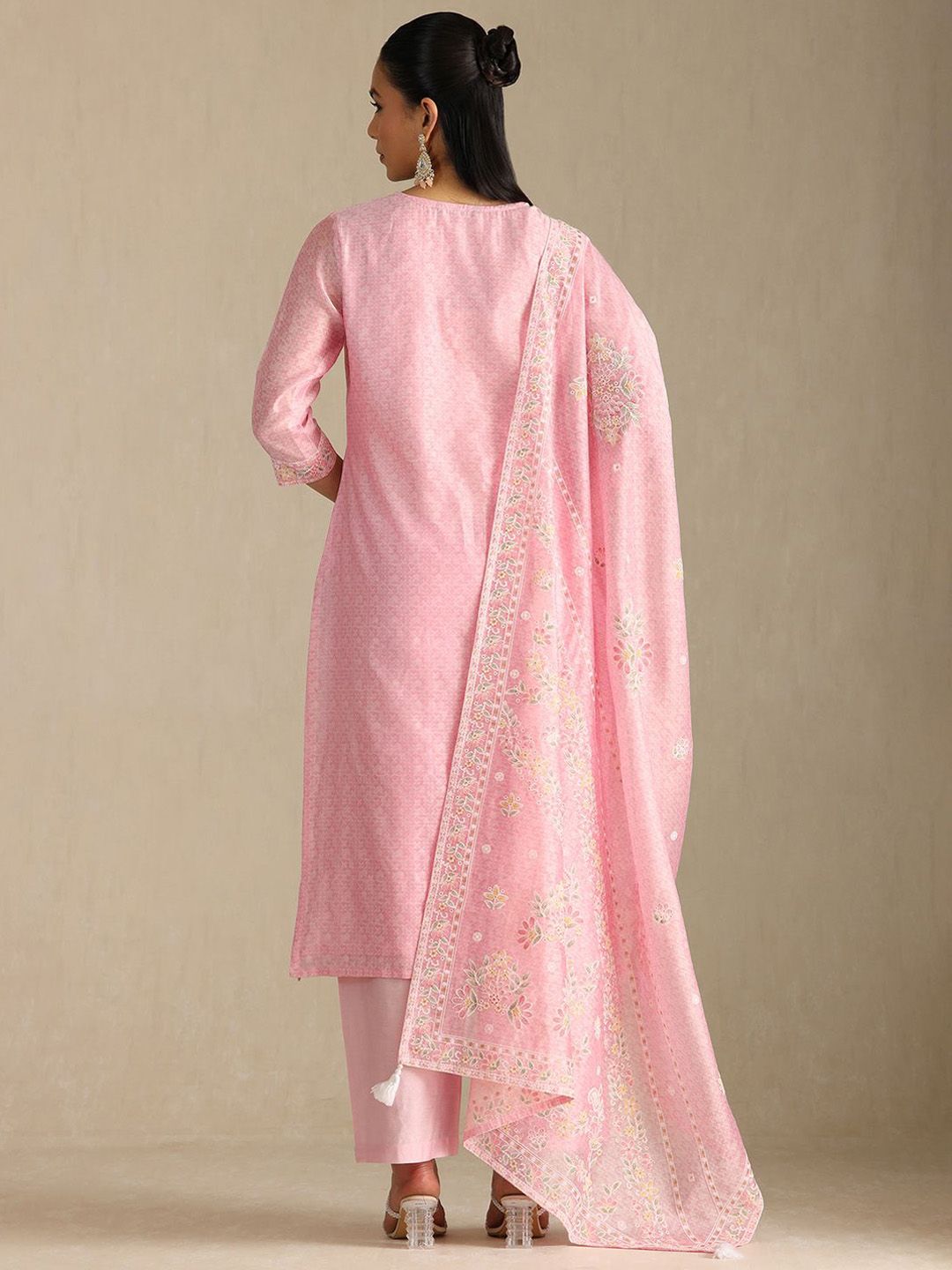 Dhiyona SO Women's Floral Printed Thread Work Chanderi Cotton Straight Kurta with Palazzos & Dupatta