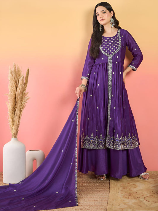 Dhiyona VA Floral Embroidered Thread Work Kurta With Palazzos & Dupatta