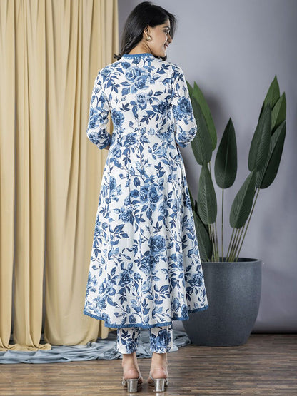 Dhiyona KL Floral Printed V-Neck Anarkali Pure Cotton Kurta With Trousers And Dupatta