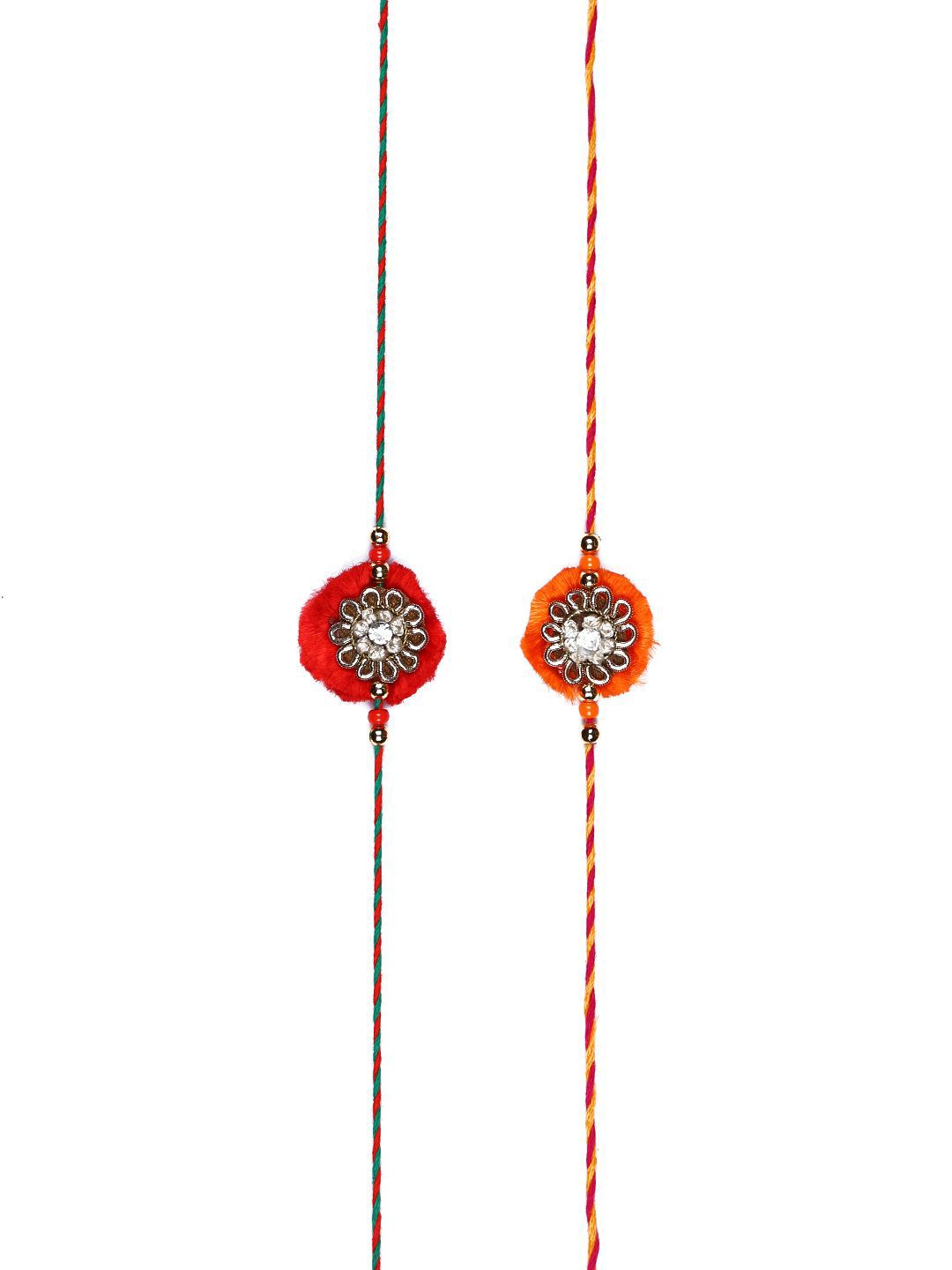 Dhiyona Set Of 2 Red Flower Design Stone Studded Rakhis Comes With Roli Rice & Greeting Card