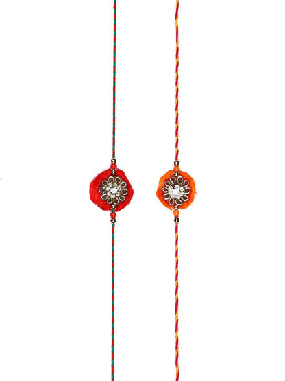 Dhiyona Set Of 2 Red Flower Design Stone Studded Rakhis Comes With Roli Rice & Greeting Card