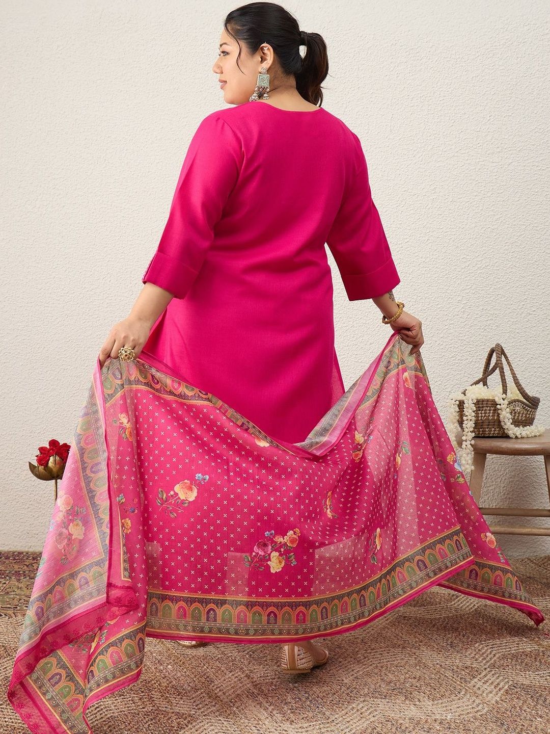 Dhiyona Women's Ethnic Motifs Regular Thread Work Kurta with Palazzos & With Dupatta