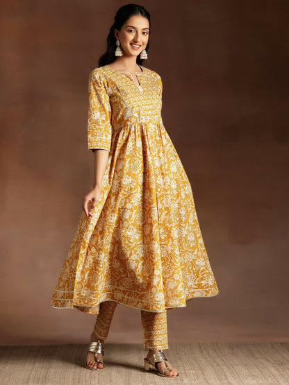 Women's LB Mustard Printed Cotton Anarkali Suit With Dupatta