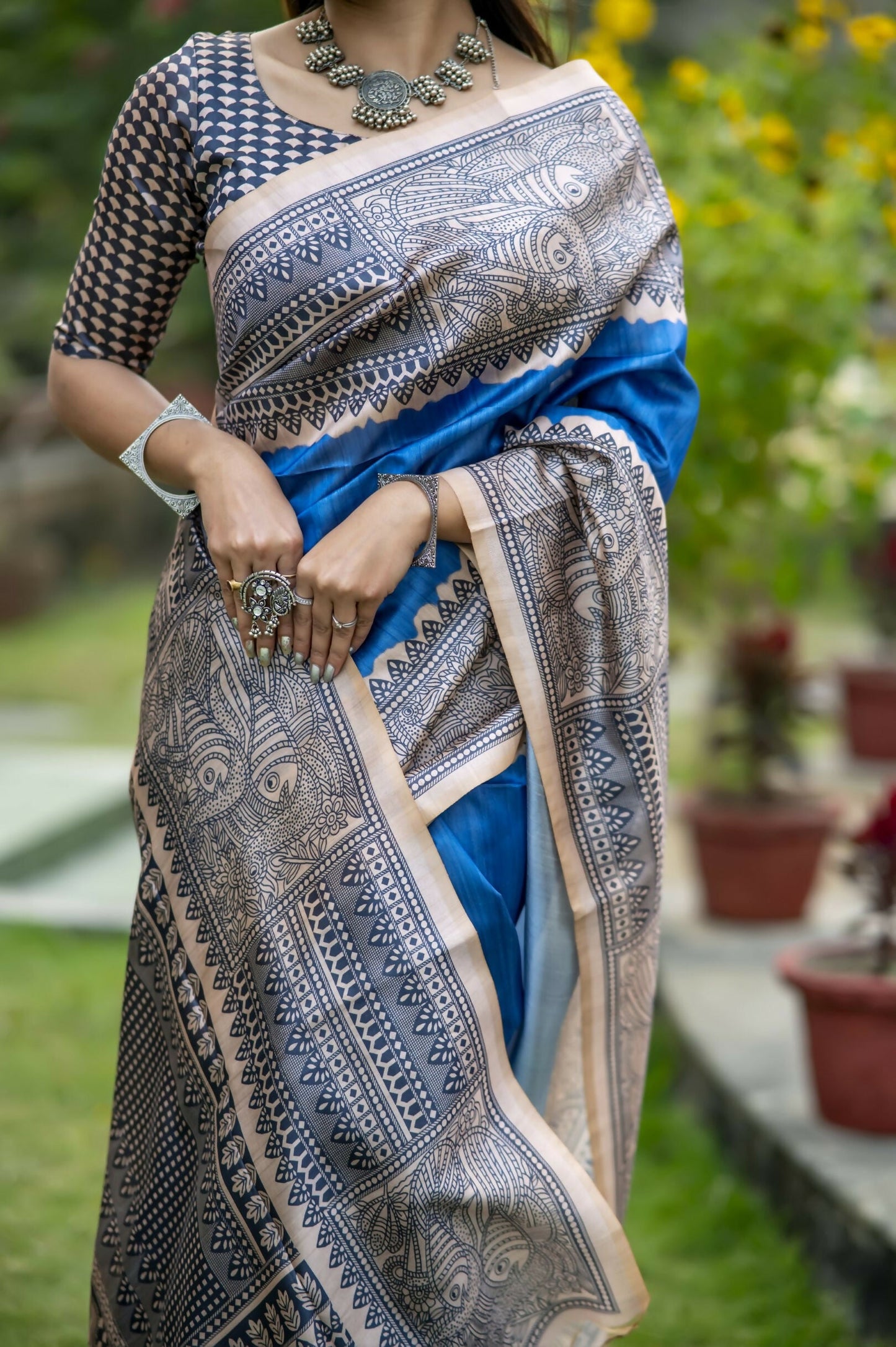 Women Yogita Madhubani 3 Blue Saree With Unstiched Blouse