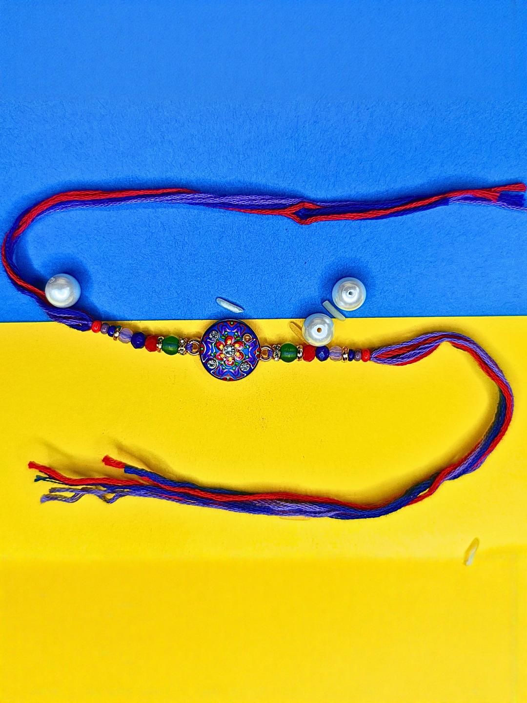 Dhiyona Set Of 6 Beaded Cotton Thread with AD Stones & Meenakari Designer Rakhi for Brother