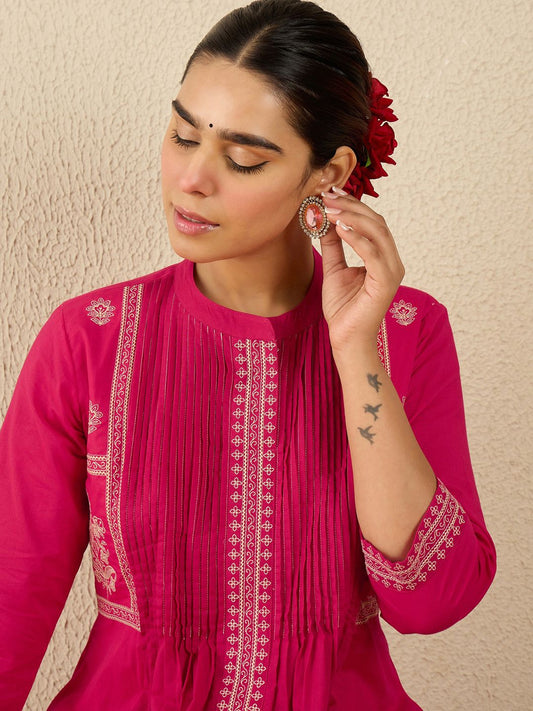 Dhiyona IE Embroidered Pure Cotton Mandarin Collar Neck Top With Trousers Co-Ords