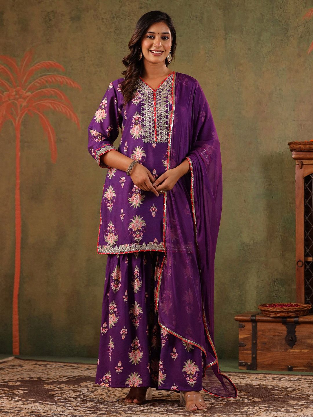 Dhiyona SC Women Embroidered Thread Work Chanderi Silk Kurta with Sharara & Dupatta