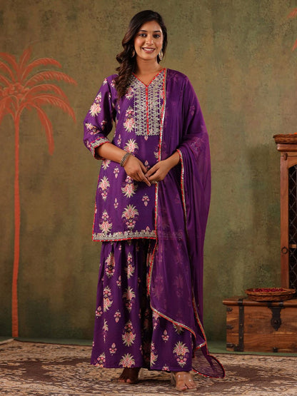 Dhiyona SC Women Embroidered Thread Work Chanderi Silk Kurta with Sharara & Dupatta
