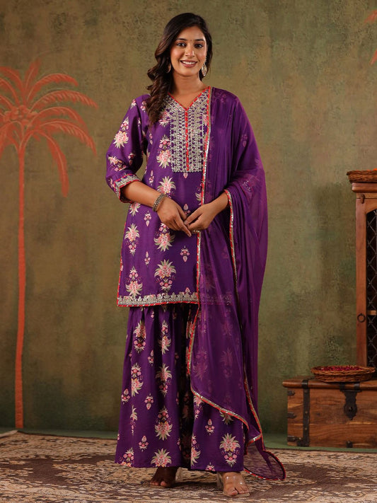 Dhiyona SC Women Embroidered Thread Work Chanderi Silk Kurta with Sharara & Dupatta