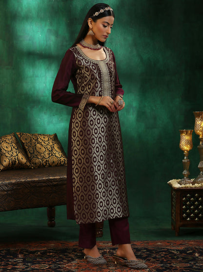 Women's LB Wine Woven Design Silk Blend Straight Suit With Dupatta