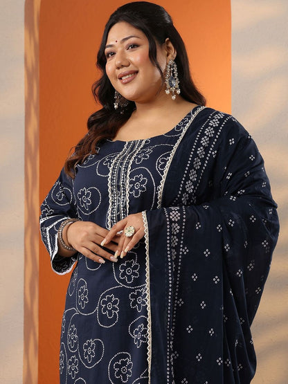 Dhiyona Women's Plus Size Bandhani Printed Straight Kurta With Trousers & Dupatta