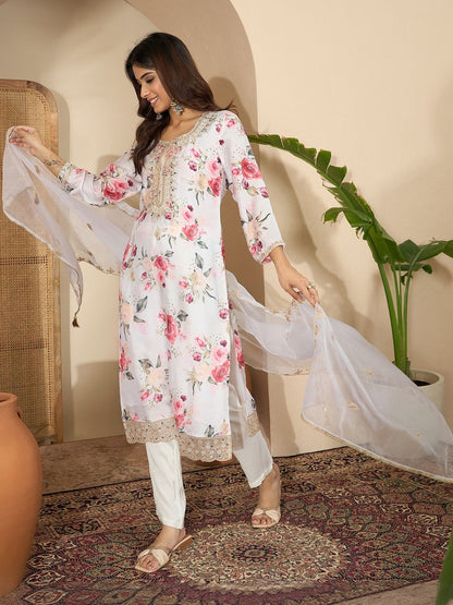 Women Floral Printed Regular Thread Work Kurta with Trousers & With Dupatta