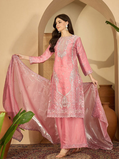 Dhiyona SN Floral Embroidered Sequinned Pure Silk Straight Kurta With Palazzo & Dupatta