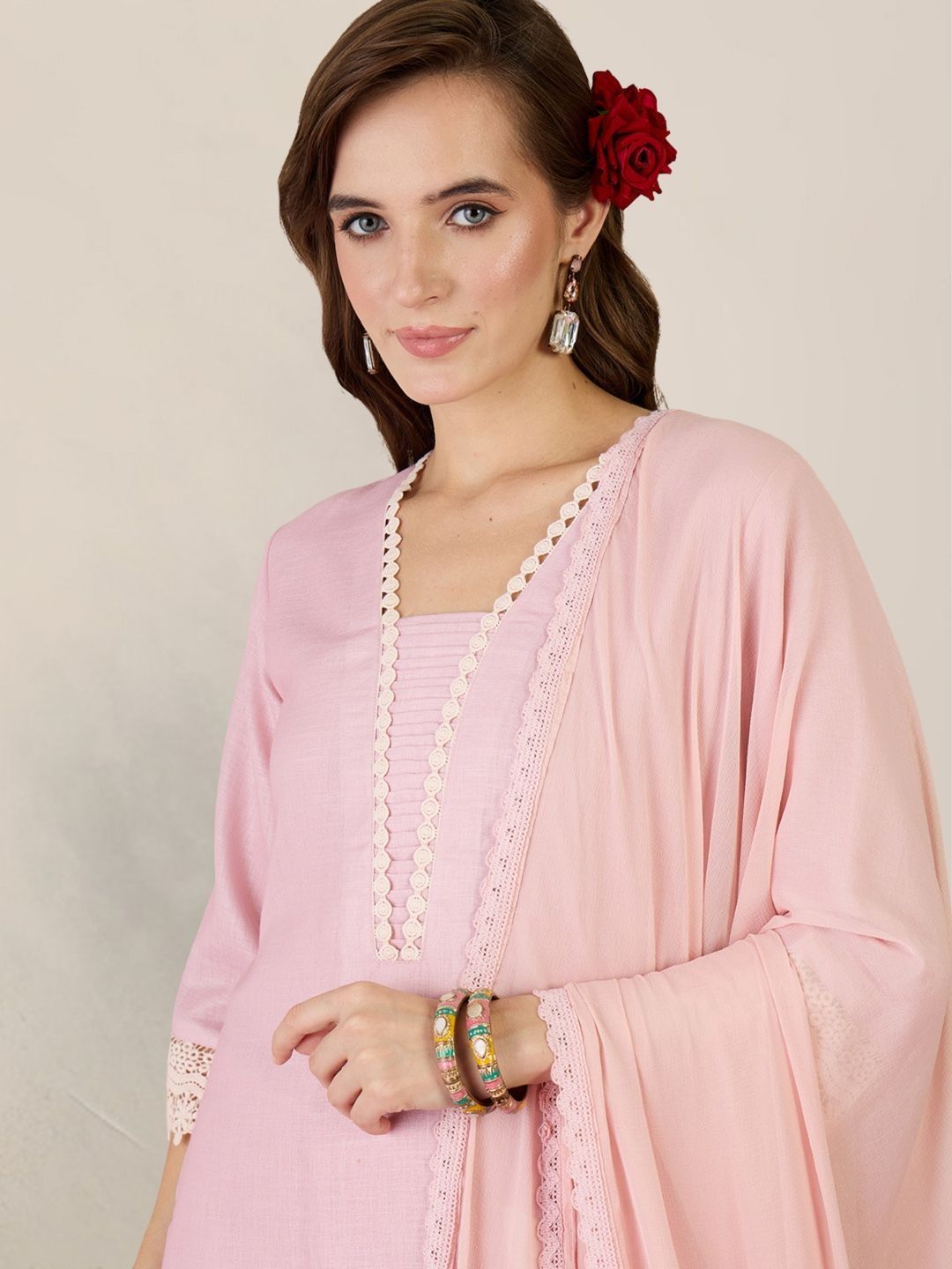 Women Ethnic Motifs Printed Regular Linen Kurta with Trousers & With Dupatta