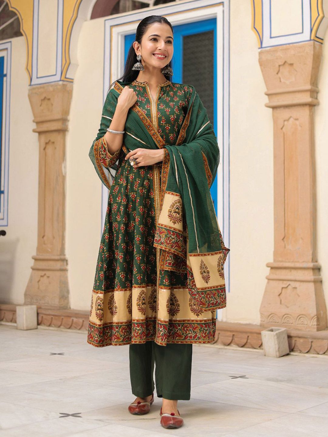 Dhiyona RR Women's Ethnic Motifs Printed Cotton Anarkali Kurta with Trousers & Dupatta