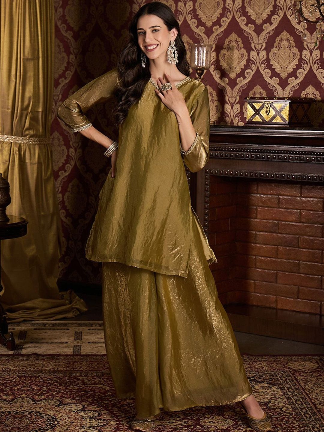 Dhiyona CH Women Ethnic Motifs Embroidered V-Neck Sequinned Kurta with Palazzos