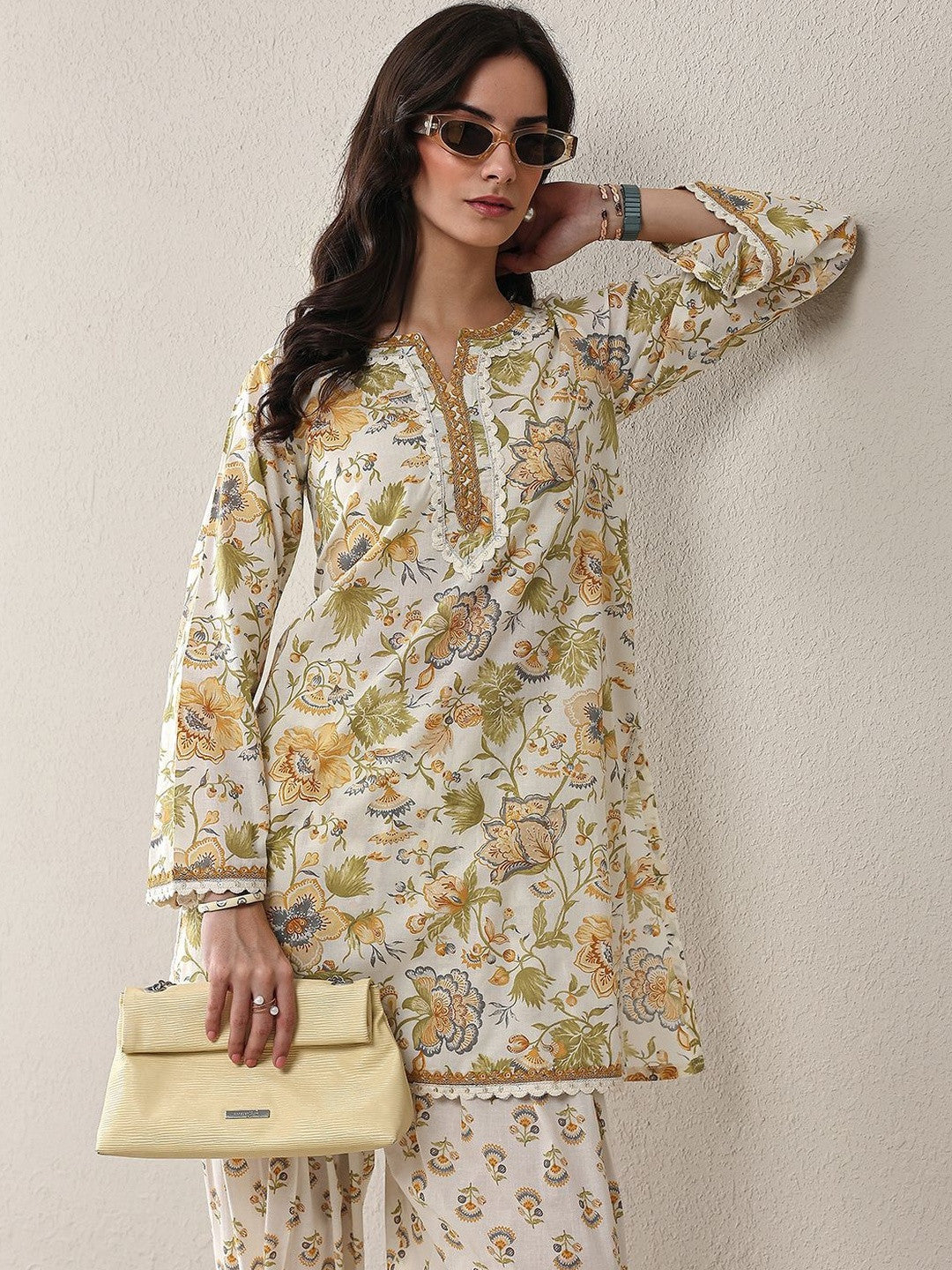 White Floral Printed Cotton Straight Kurta Set