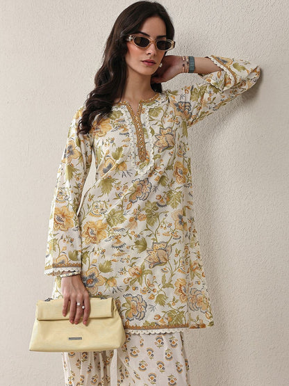 White Floral Printed Cotton Straight Kurta Set