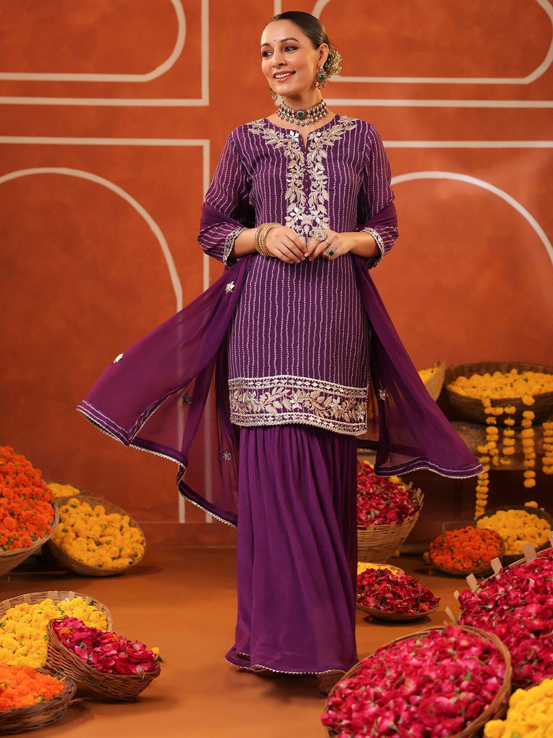 Dhiyona SC Bandhani Printed Gotta Patti Straight Kurta with Sharara & Dupatta