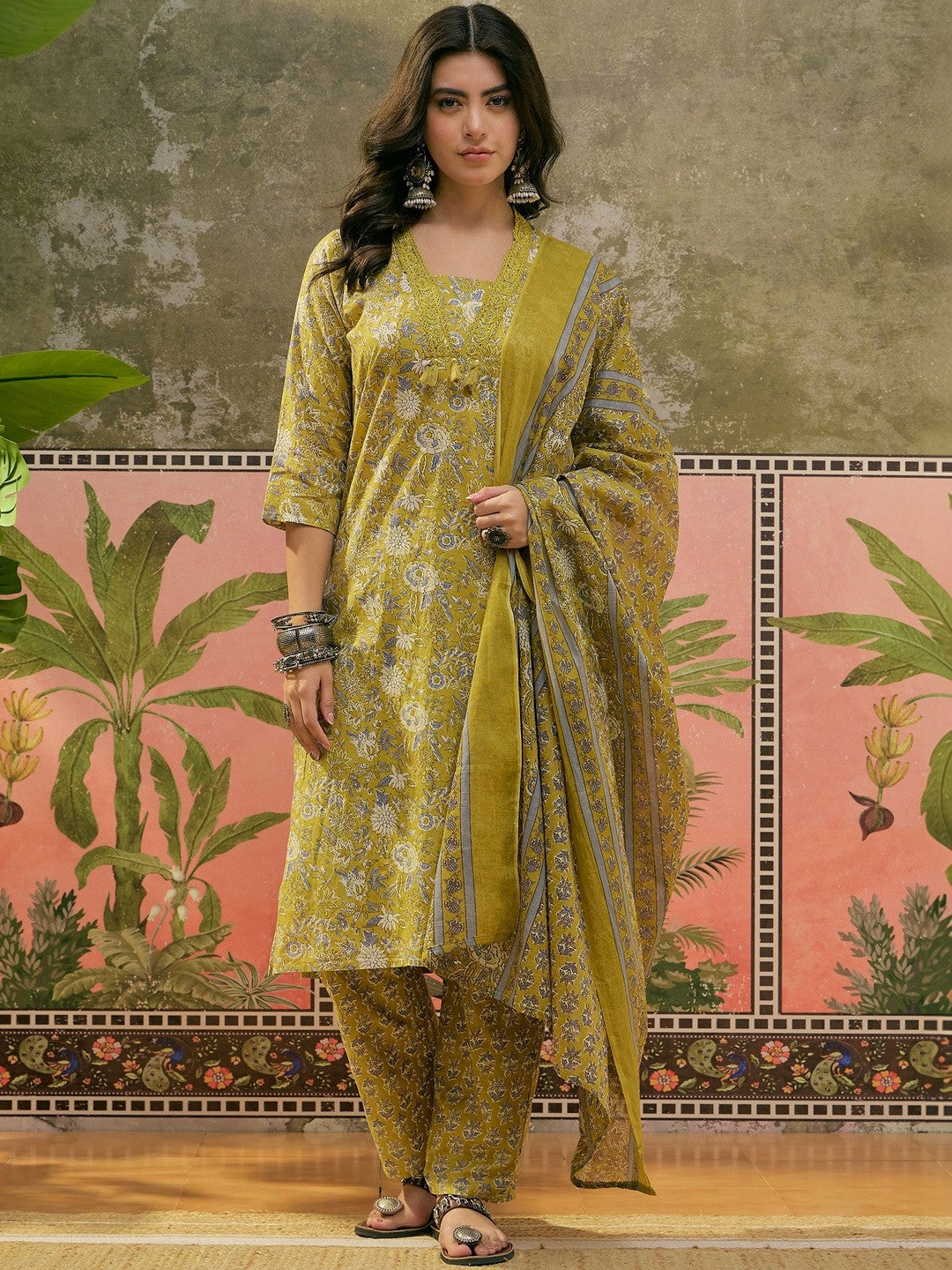Printed Straight Kurta With Trousers & Dupatta Set