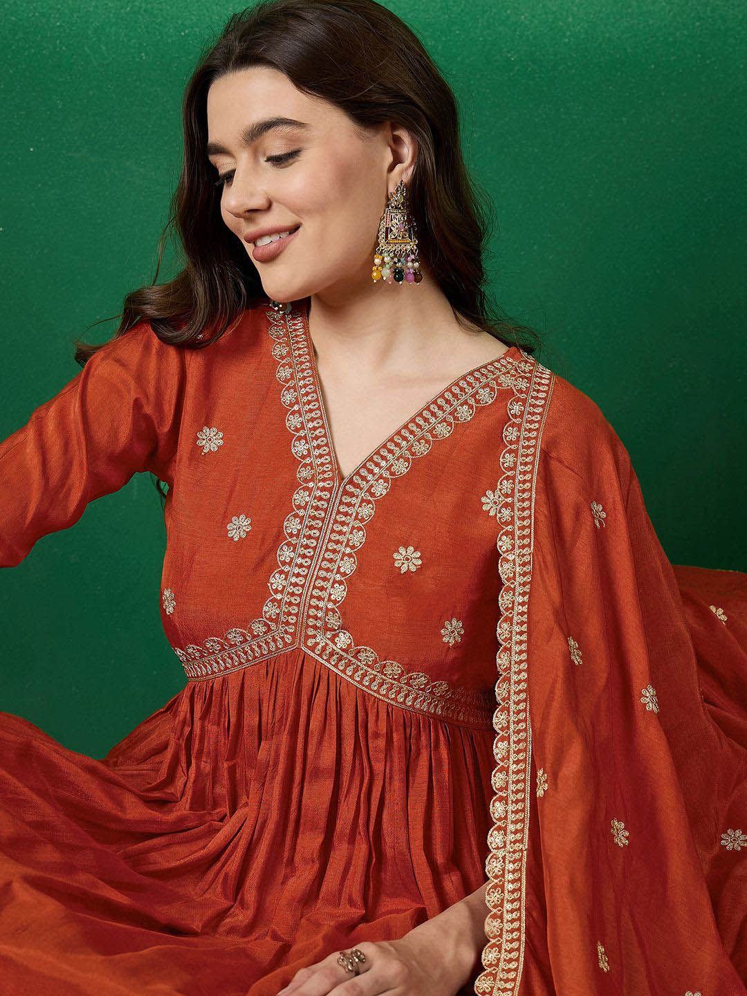 Dhiyona SN Women's Orange Floral Embroidered V-Neck Sequence Straight Kurta With Trousers & Dupatta