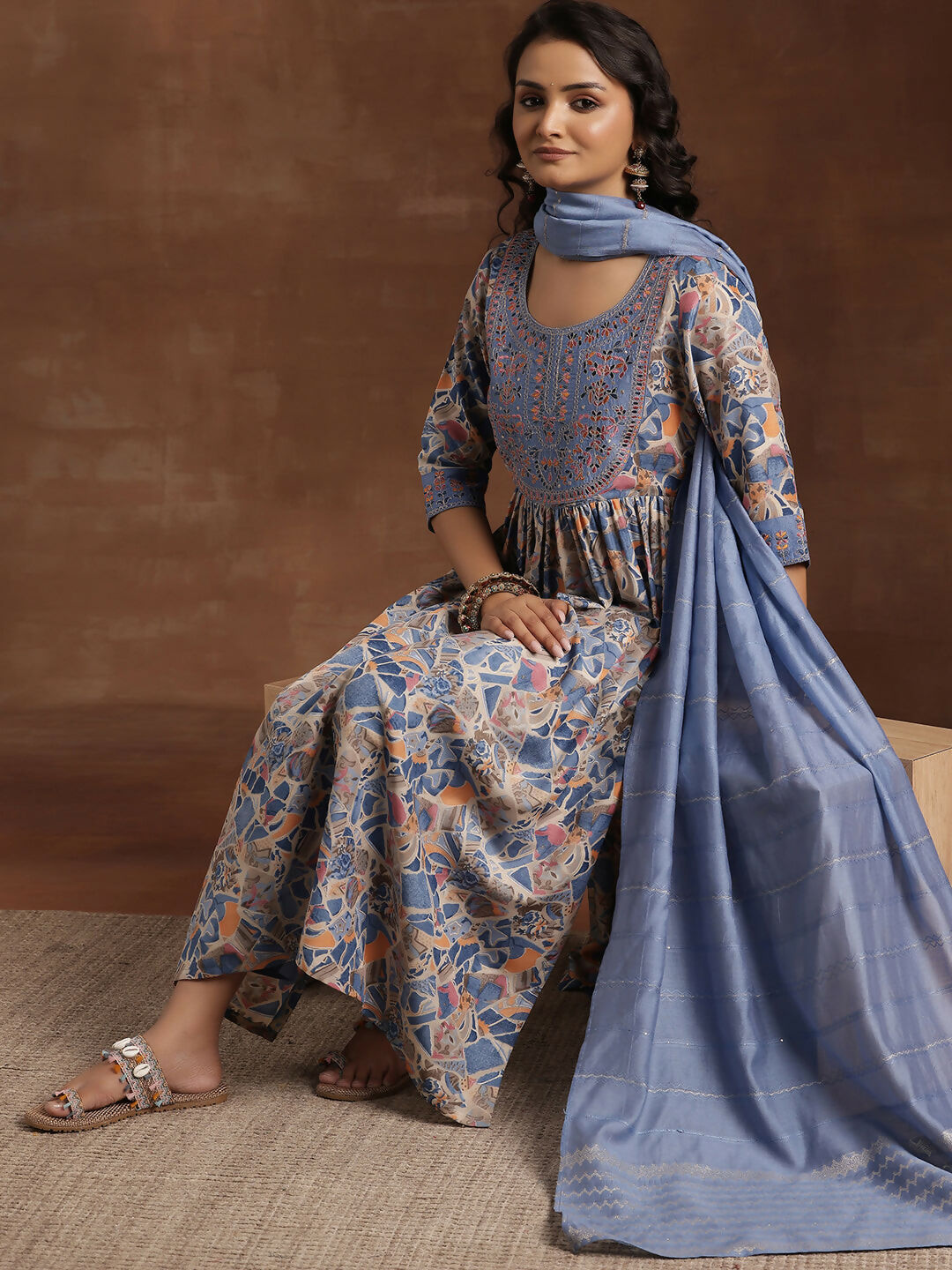 Women's LB Blue Printed Silk Blend A-Line Kurta With Trousers & Dupatta