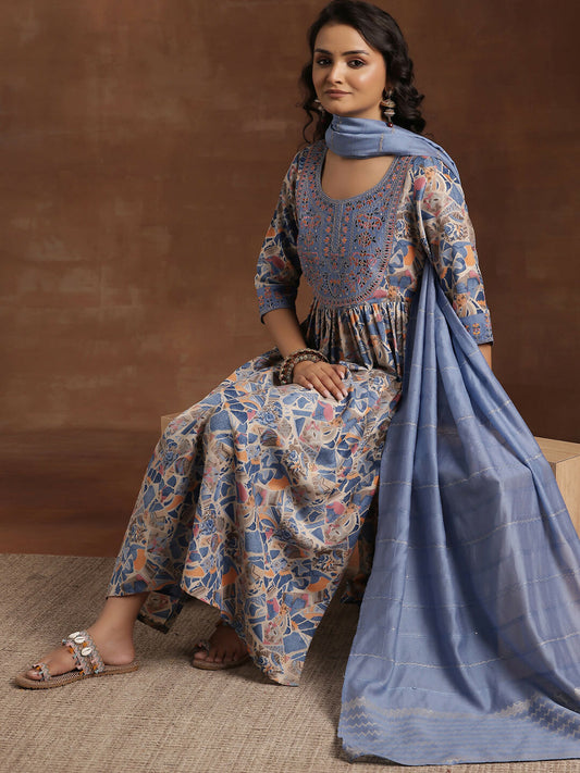 Women's LB Blue Printed Silk Blend A-Line Kurta With Trousers & Dupatta