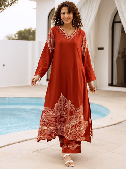 Printed With Embroidered Ethnic Kurta With Palazzos Set