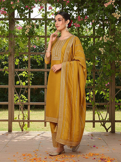 Dhiyona KL Floral Embroidered Sequinned Kurta With Palazzos & Dupatta