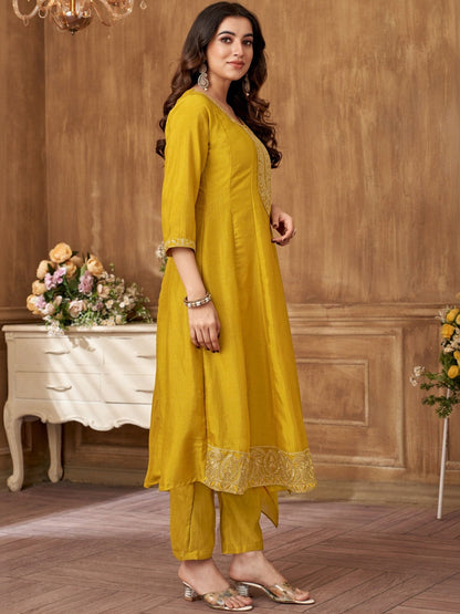 Embroidered Round Neck Kurta & Trousers With Dupatta