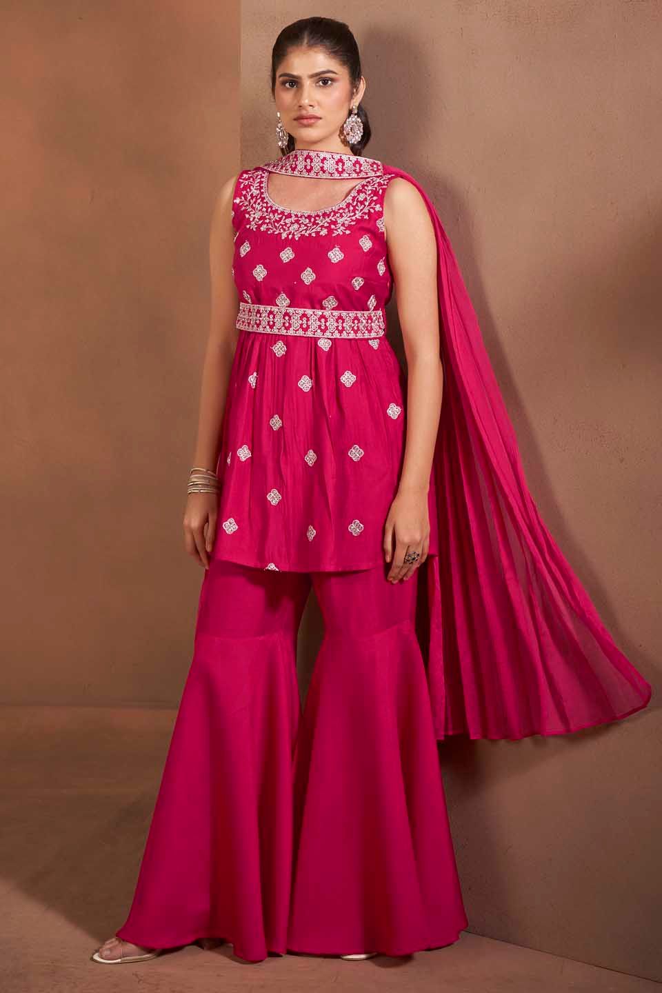 Dhiyona AN Floral Embroidered Thread Work Raw Silk Kurta With Sharara And Dupatta