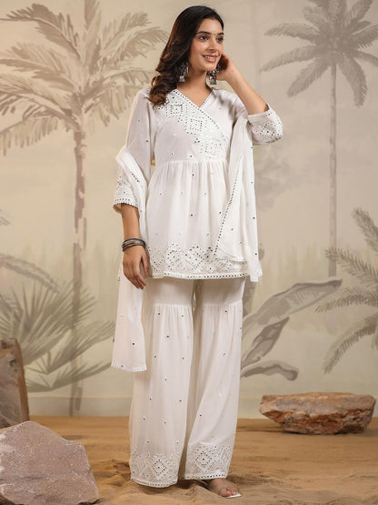 Dhiyona SC Women Mulmul Mirror Embroidered Pure Cotton Peplum Kurta- Sharara & Dupatta Set