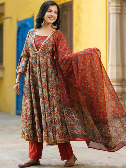 Dhiyona RR Women's Printed Regular Pure Cotton Kurta With Trousers & Dupatta