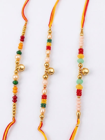 Dhiyona Set Of 3 Artificial Beads Orange Thread Rakhi With Roli Chawal Chandan Mishri