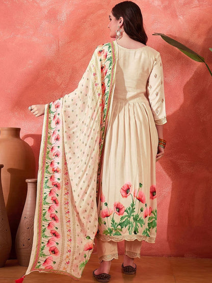 Dhiyona CH Floral Printed Tiered V-Neck Thread Work Kurta With Trousers & Dupatta