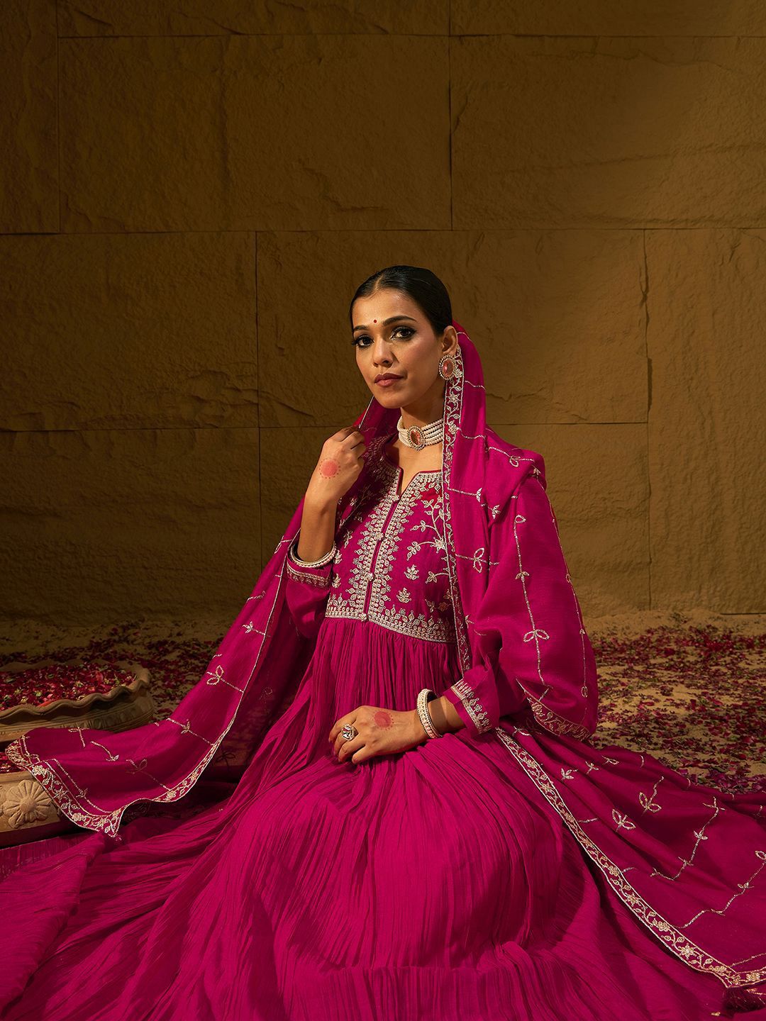 Dhiyona IE Floral Embroidered Notched Neck Pleated A-Line Kurta With Trousers & Dupatta