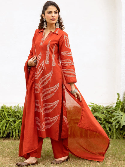 Printed Pure Cotton Straight Kurta & Trousers With Dupatta