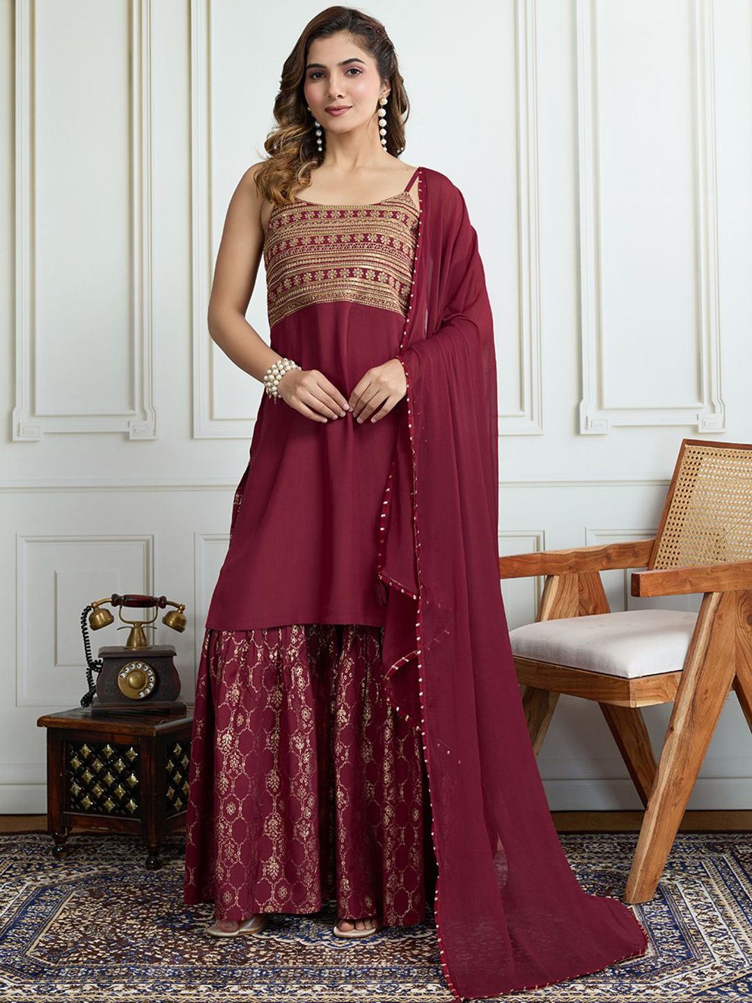 Dhiyona HOP Women Floral Embroidered Kurta with Sharara & Dupatta