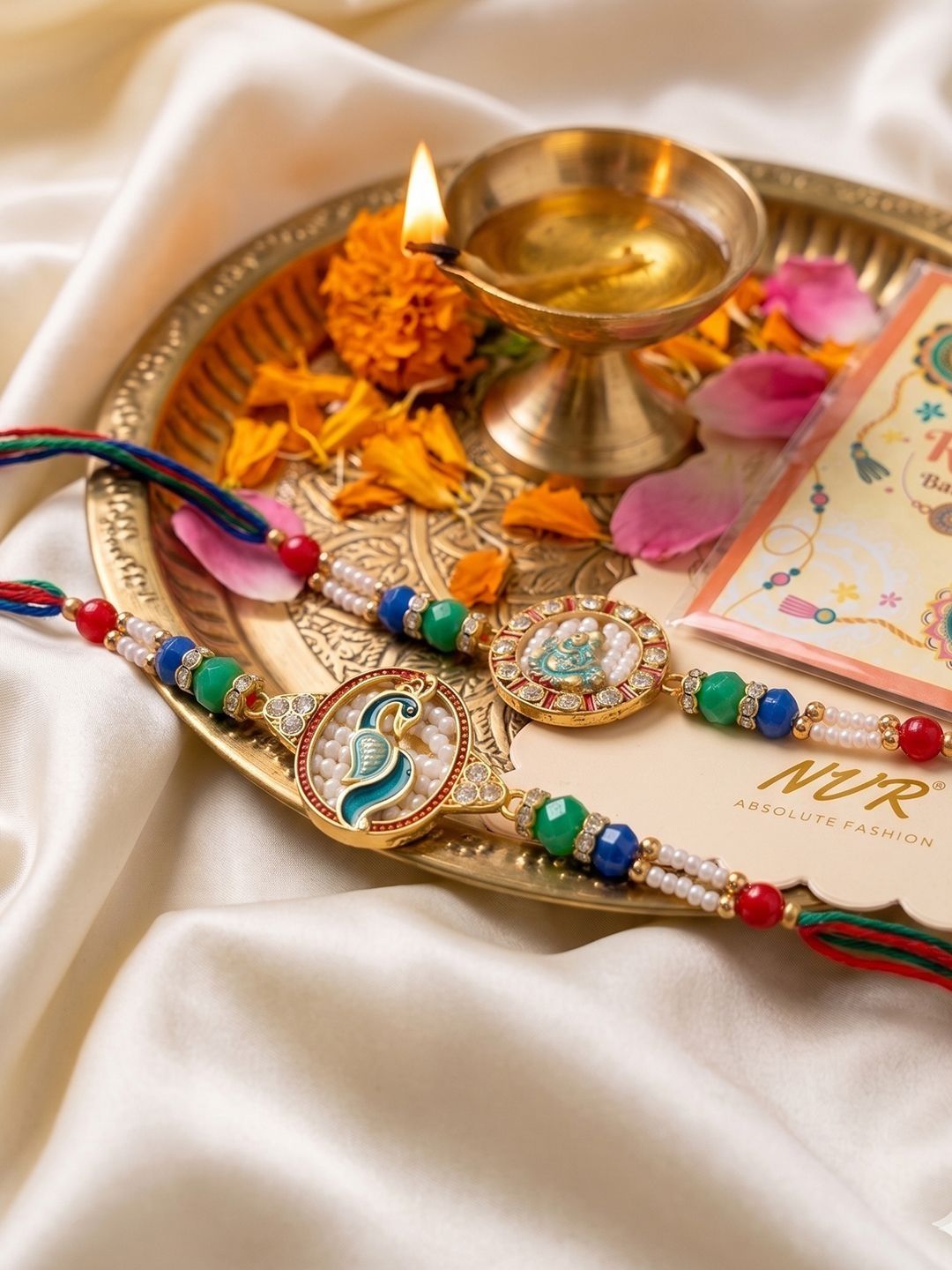 Dhiyona Set Of 2 Multicolor Peacock Design Rakhi With Roli Chawal Chandan Mishri