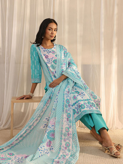 Libas Blue Floral Printed Straight Suit Set with Dupatta
